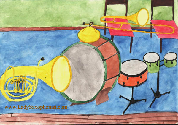 Рисунок 045: "Музыкальные инструменты". Здесь проявились мои телепатические способности. Незадолго, как начать заниматься музыкой, я нарисовала эту картину, а потом я увидела всё это только настоящее в оркестровом классе ДТДиЮ!